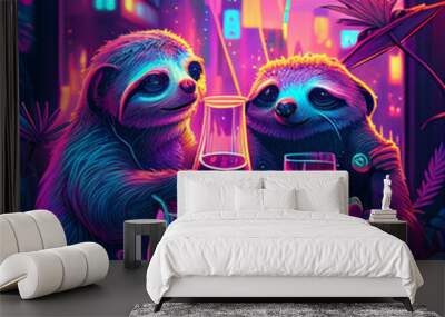 cyberpunk sloths drinking cocktails neon lights Wall mural