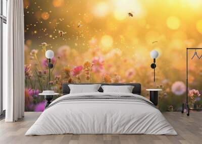 A field of flowers with honeybees busily collecting nectar, busy bees and blooming plants. Wall mural