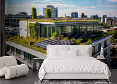 Modern urban dwelling with a green roof, eco-friendly apartment building with rooftop gardens and solar panels. Wall mural