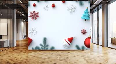 Simple christmas background featuring red and white ornaments, gift boxes, snowflakes, and fir branches on a white backdrop Wall mural