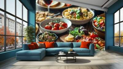 Traditional Italian dishes on the wooden table, pasta with cheese and tomatoes and variety of food. Wall mural