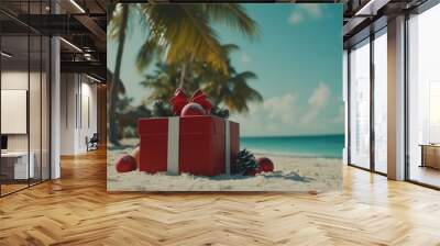 Tropical christmas, red gift and ornaments on a beach with palm trees and a blurred cabana in the background Wall mural