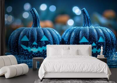 Two eerie halloween pumpkins with glowing eyes sit on a damp surface with bubbles, setting a spooky and festive mood Wall mural