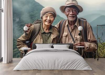 Multicultural traveling adult couple hiking together in the mountains made with Generative AI technology Wall mural