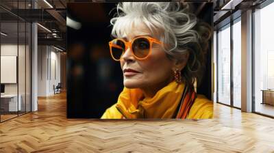 Portrait of a funky luxurious fashionable adult woman with stylish hairstyle wearing bright sunglasses and yellow clothes Wall mural