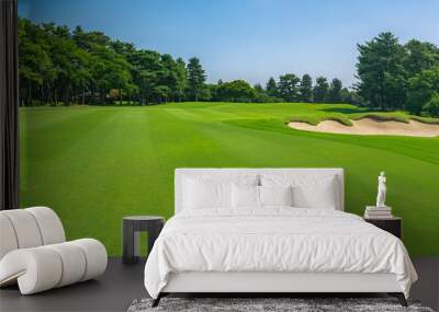 Panorama view of Golf Course with fairway field in Chiba Prefecture, Japan. Golf course with a rich green turf beautiful scenery. Wall mural