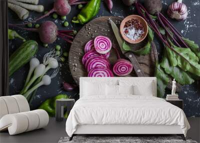 Chopped beets, peppers, onions, green beans, spices on a dark background. Fresh garden vegetables. Vegetarian, detox, diet food Wall mural