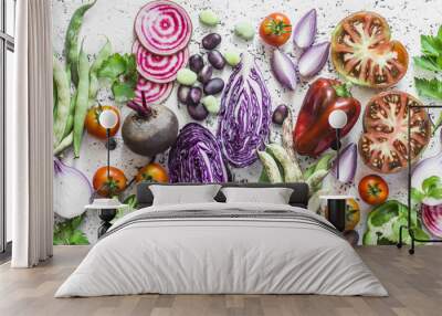 Fresh vegetables background. Cabbage, beets, green beans, tomatoes, peppers on a light background, top view. Flat lay. Vegetarian, diet food concept Wall mural