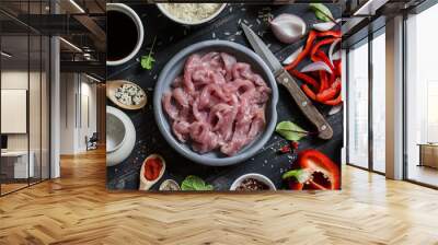 Ingredients for cooking meat stir fry with vegetables and rice - raw meat, sweet red pepper, red onion, rice, spices, on dark wooden background. Top view Wall mural