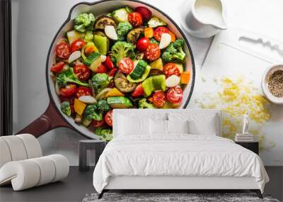 Vegetarian casserole ratatouille, baked in a frying pan on a light background, top view Wall mural