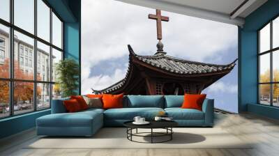 christianity in china, traditional roof with cross Wall mural