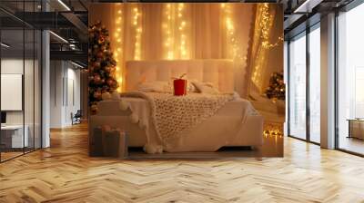 New Year's interior in bedroom at home Christmas background with gift on bed Wall mural