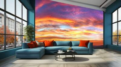 Panorama colorful magnificent sunset in countryside above hills and fields, beauty nature background Wall mural