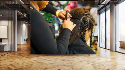 Close up african hairstylist braided hair of afro american female client in the barber salon. Black healthy hair culture and Style. Stylish therapy professional care concept. Selective focus. Wall mural