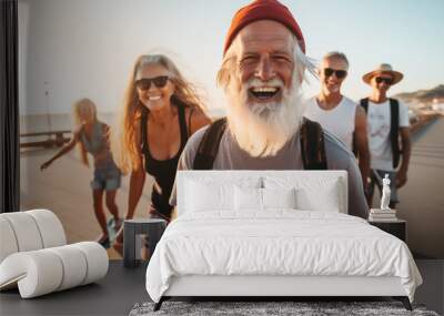 Laughing senior stylish bearded hipster man with gray hair and tattoos skateboarding on seaside quay with blurred aged friends on sunset. Aged people enjoy life. Active elderly people's lifestyle. Wall mural