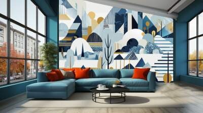 Abstract Geometric Landscape with Mountains, Trees, and Sun Wall mural