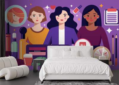 Diverse Beauty Bloggers with Cosmetics and Social Media Concept Wall mural