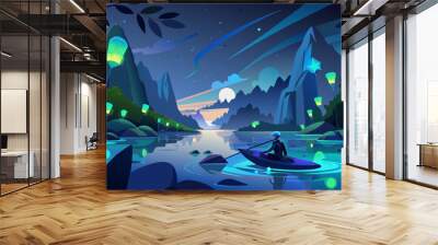 Enchanted Nighttime River Journey in a Mystical Landscape Wall mural