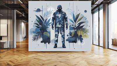 Modern Soldier in Camouflage Gear with Tropical Plants Background Wall mural