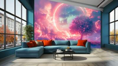 Solitary tree on hill with cosmic ring and dreamy cloudscape. Vibrant fantasy sky with pink and purple hues. Cosmic and dream concept for wall art, meditation background, and fantasy illustration Wall mural