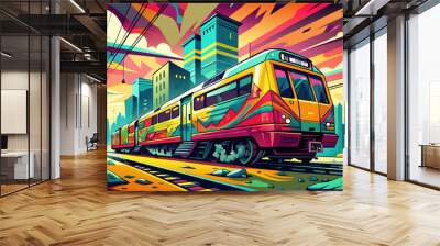 Vibrant Pop Art Style Cityscape with Colorful Express Train Wall mural