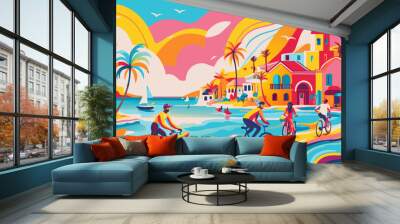 Vibrant Tropical Beach Town with Active Lifestyle Scene Wall mural