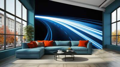 Abstract blue speed light lines car on black background. Abstract design with lights in the dark. High quality photo Wall mural