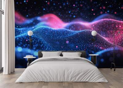 Abstract wave of blue and pink particles flowing on dark background. Futuristic technology and data visualization concept. High quality photo Wall mural