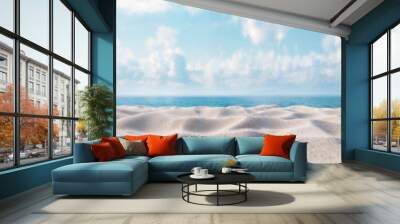 Beach with white sand and blue ocean under a cloudy sky, perfect for a summer getaway Wall mural