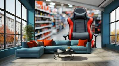 Comfortable black and red gaming chair standing in tech department of hypermarket with empty table Wall mural