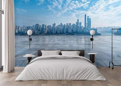 Empty marble floor with city skyline in shanghai Wall mural