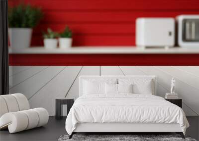 Empty white wooden table surface on a red blurred background of a modern kitchen Wall mural