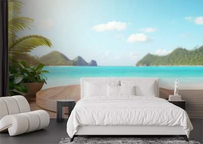 Empty wooden round podium on wooden floor with sea, island and beach background. High quality photo Wall mural