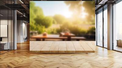 Empty wooden table and blurred bbq in the backyard background, for product display montage. High quality photo Wall mural