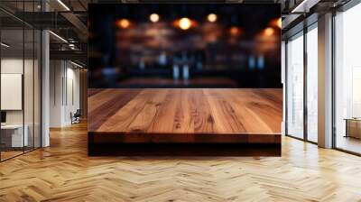 Empty wooden table rustic and blurred background of bar or pub. For product display. High quality photo Wall mural