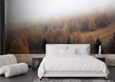 Empty wooden table top presenting misty autumn forest background, ideal for product displays Wall mural