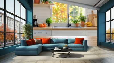 Empty wooden tabletop in sunny blurred kitchen interior Wall mural