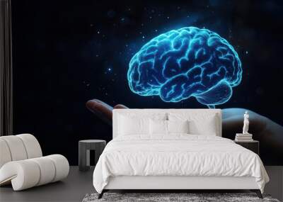 Human holding futuristic glowing brain hologram in his hand Wall mural