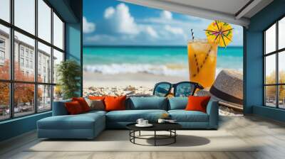 Refreshing summer cocktail standing on a sunny beach with sunglasses and a hat. Tropical summer vacation concept. High quality photo Wall mural