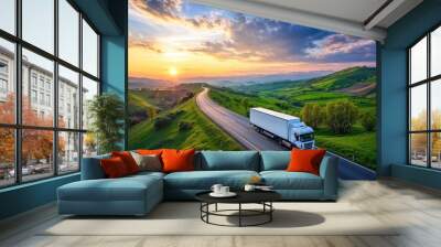 White delivery truck driving on country road at sunset Wall mural