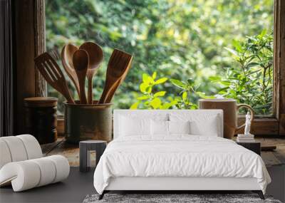 Wooden kitchen utensils resting in container by window with lush green view Wall mural