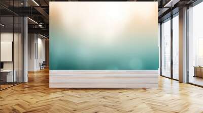 Wooden table in front of blurred green nature background with bokeh sunshine. High quality photo Wall mural