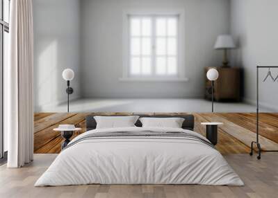 Wooden table top on blurred background of empty room with window and vintage cabinet Wall mural