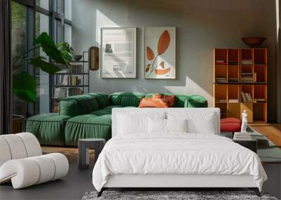  A bright modern living room with a large green Togo sofa, a vibrant orange ottoman, and decorative elements on the wall that add coziness and style to the space Wall mural