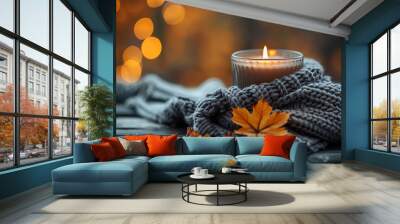  Autumn Evening. Candlelight and Warm Knit Blankets. Autumn background Wall mural