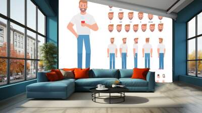  Front, side, back view animated character. Bearded man character creation set with various views, hairstyles, face emotions, poses and gestures. Cartoon style, flat vector illustration. Wall mural