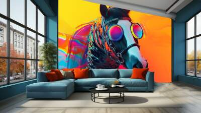  Mare in bright goggles and shiny clothing on an orange background, looking futuristic and stylish Wall mural