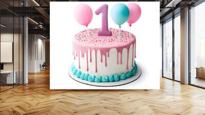 3D Birthday cake with number one  1 isolated on white background Wall mural