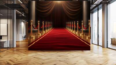 3D Red carpet with ropes isolated on dark background Wall mural