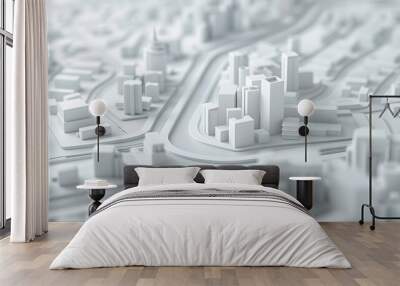 3d render of white map scene with city roads buildings top view isometric perspective Wall mural